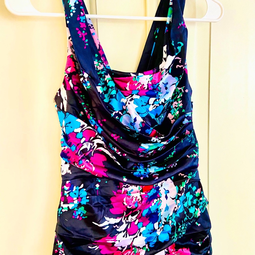 Express Satin Ruched Form Fitting Floral Cocktail Dress